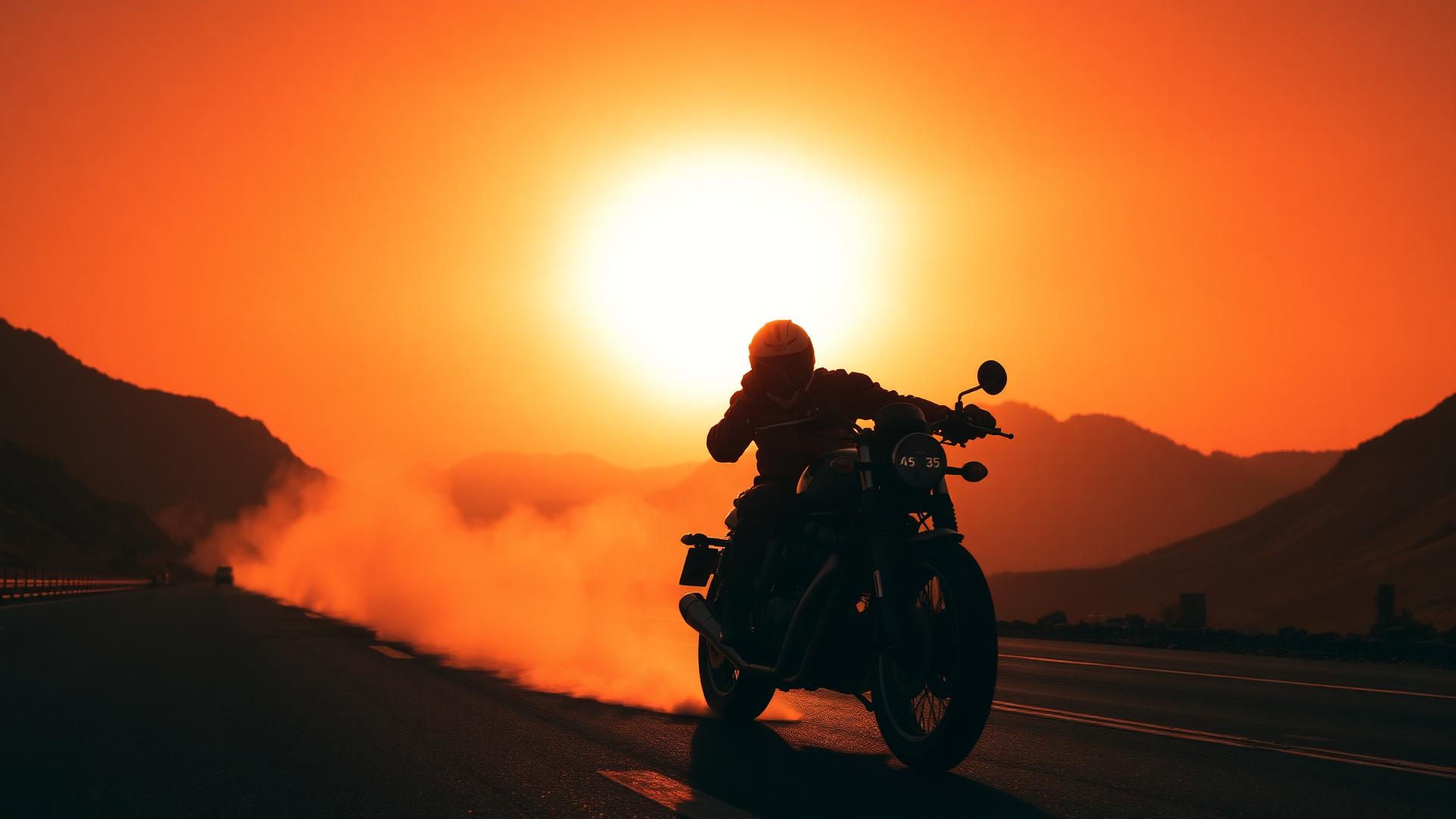 Rider on open road at sunset